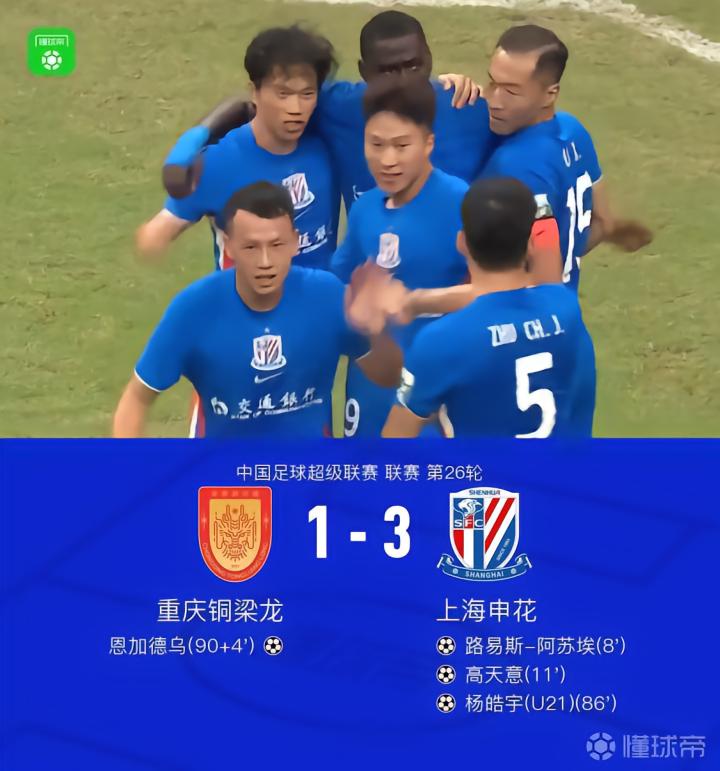 申花客场3-1铜梁龙,高天意传射,阿苏埃、杨皓宇破门